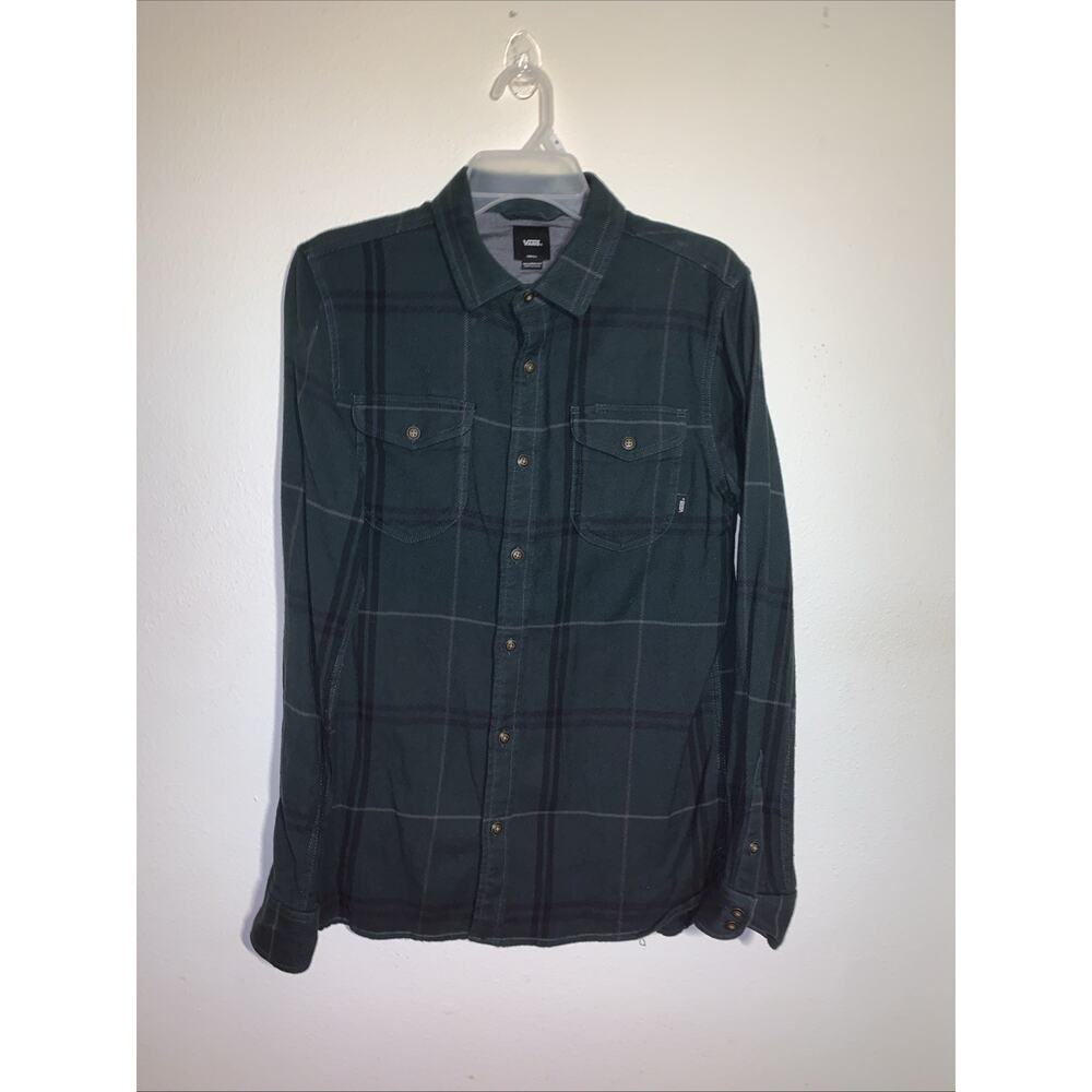 Vans Flannel Shirt Size S Tailored Fit Green Plaid Long Sleeve Button Up Pockets
